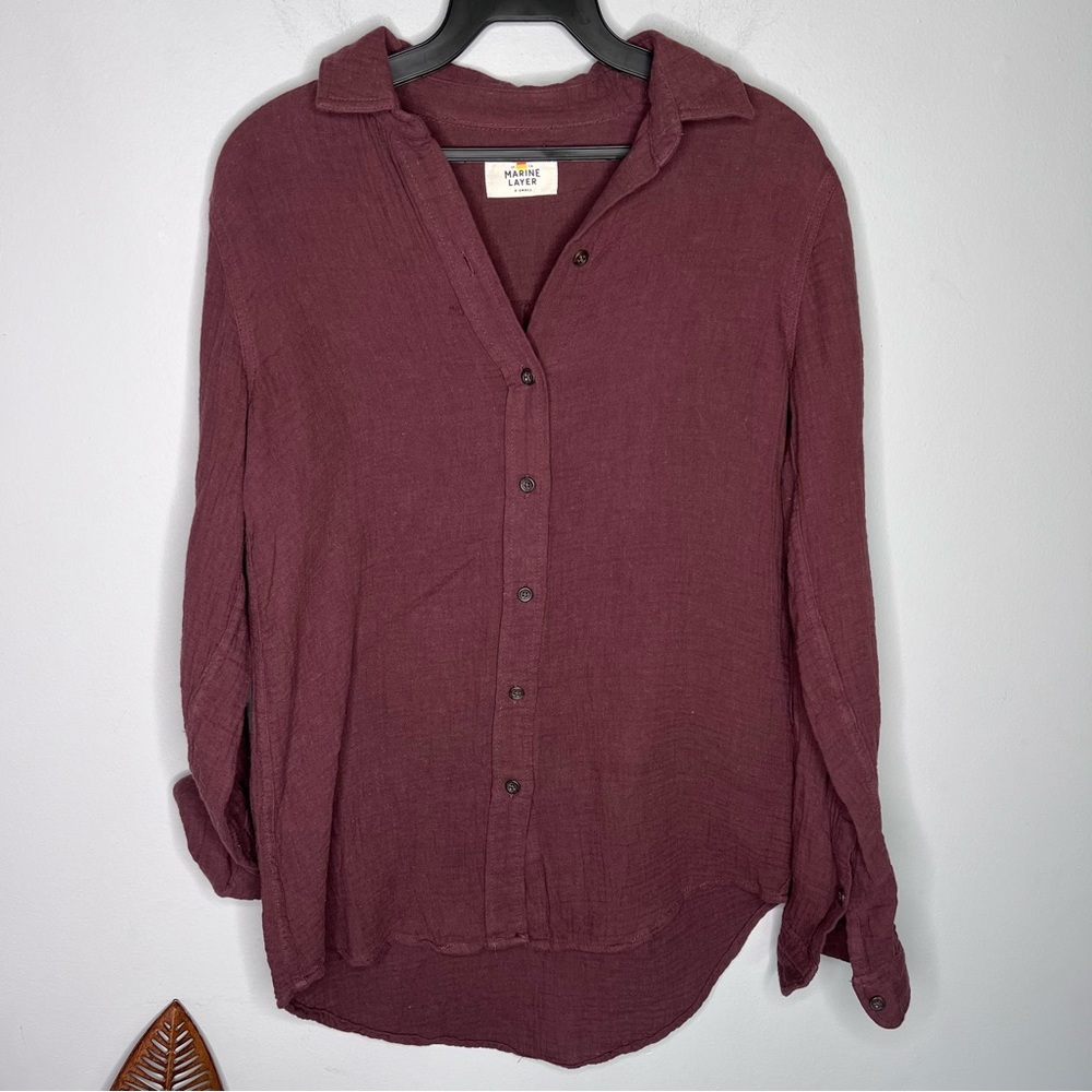 A24 MARINE LAYER Women’s Maroon Gauzy Cotton Button Front Top‎